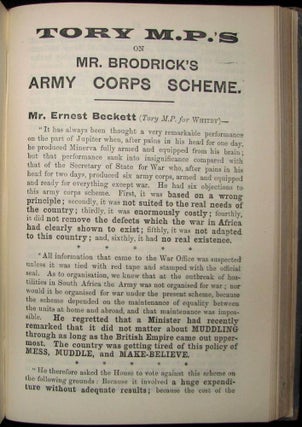 Tory M.P.'s on Mr. Brodrick's Army Corps Scheme, bound in Pamphlets & Leaflets for 1903, Being the Publications for the Year of the Liberal Publication Department