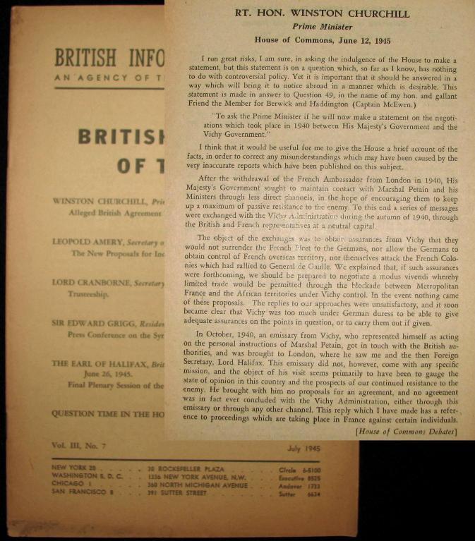 Item #000911 Alleged British Agreement with Petain, a Statement by Prime Minister Winston Churchill to the House of Commons on 12 June 1945, printed in British Speeches of the Day, Vol. III, No. 7. Winston S. Churchill.