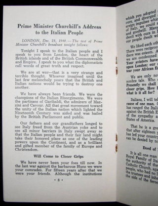 Prime Minister Churchill's Address to the Italian People December 23rd 1940 together with the Christmas Day Message from His Majesty King George VI to His People Broadcast December 25th, 1940 and the Christmas Day Message from Prime Minister Mackenzie King to the Canadian Army Abroad and At Home