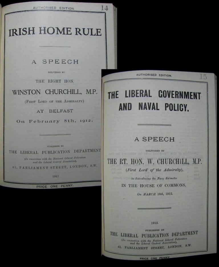 Item #000961 Two speech pamphlets: Irish Home Rule delivered 8 February 1912 and The Liberal Government and Naval Policy delivered 18 March 1912. Winston S. Churchill.