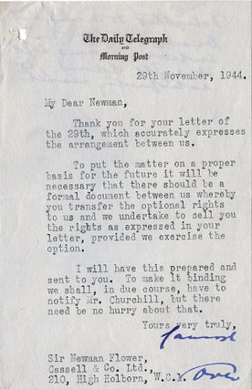 Two typed, signed letters dated 29 November 1944 and 25 October 1945 from Lord Camrose to Sir Walter Newman Flower regarding "the greatest coup of twentieth century publishing" - the rights to publish Winston S. Churchill's eventual history of the Second World War