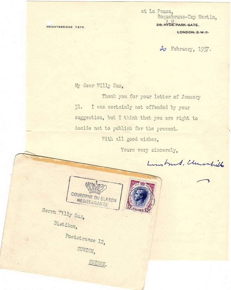 Item #003769 20 February 1957 typed signed letter from Churchill to his friend and paint supplier, Willy Sax, with its original, franked envelope. Winston S. Churchill.