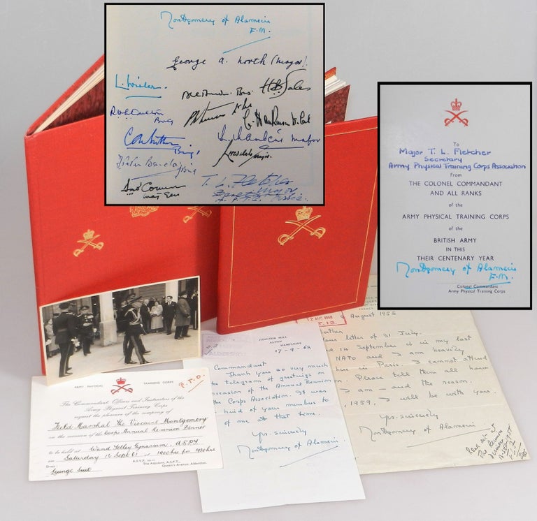 Item #004319 A 1958-1962 Archive of the Centenary of the British Army's Physical Training Corps at Aldershot, spanning Field Marshal Bernard Law Montgomery's final years as Colonel Commandant, comprising two commemorative books signed by Montgomery, two holograph signed letters from Montgomery, an invitation bearing Montgomery's autograph, and a vintage photograph of Montgomery in Aldershot for the Centenary. 1st Viscount Montgomery of Alamein Field Marshal Bernard Law Montgomery.