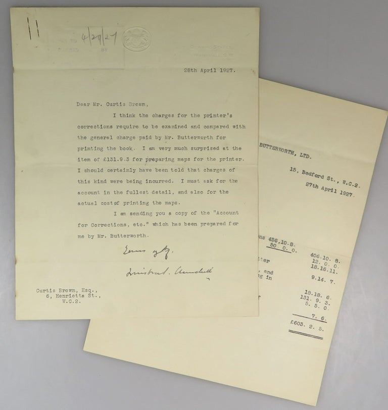 Item #004576 28 April 1927 Typed Signed Letter from Winston S. Churchill on Chancellor of the Exchequer stationery to literary agent Curtis Brown (whose firm continues to represent the Churchill family to this day) regarding costs associated with printing The World Crisis. Winston S. Churchill.