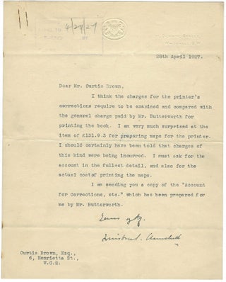 28 April 1927 Typed Signed Letter from Winston S. Churchill on Chancellor of the Exchequer stationery to literary agent Curtis Brown (whose firm continues to represent the Churchill family to this day) regarding costs associated with printing The World Crisis