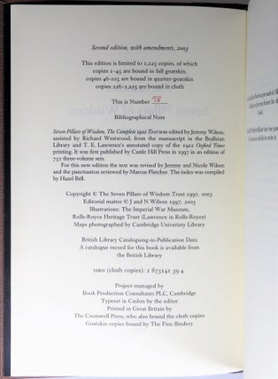 Seven Pillars of Wisdom: a triumph, the complete 1922 'Oxford' text, limited one-volume edition, hand-numbered copy #"98", one of 180 issued thus in quarter Nigerian goatskin
