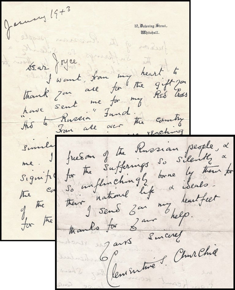 Item #004997 A January 1943 wartime facsimile autograph letter from Clementine Churchill on 10 Downing Street stationary, with holograph date and salutation, thanking a donor for their contribution to the Red Cross Aid to Russia Fund. Clementine Churchill.