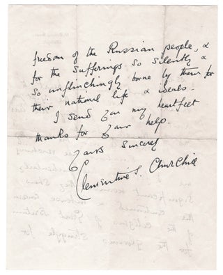 A January 1943 wartime facsimile autograph letter from Clementine Churchill on 10 Downing Street stationary, with holograph date and salutation, thanking a donor for their contribution to the Red Cross Aid to Russia Fund