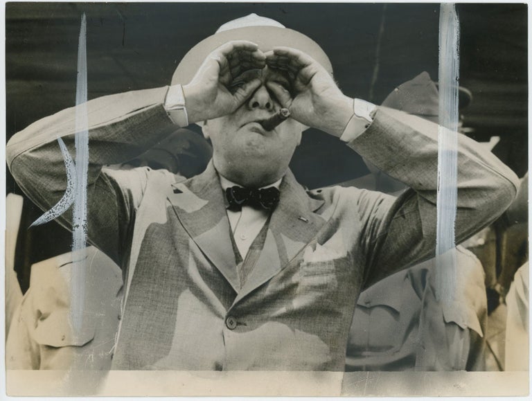 Item #005216 An original wartime press photograph of Prime Minister Winston S. Churchill watching American parachute troops at Fort Jackson, South Carolina on 24 June 1942