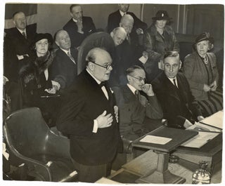 Item #005356 An original wartime press photograph of Prime Minister Winston S. Churchill speaking...