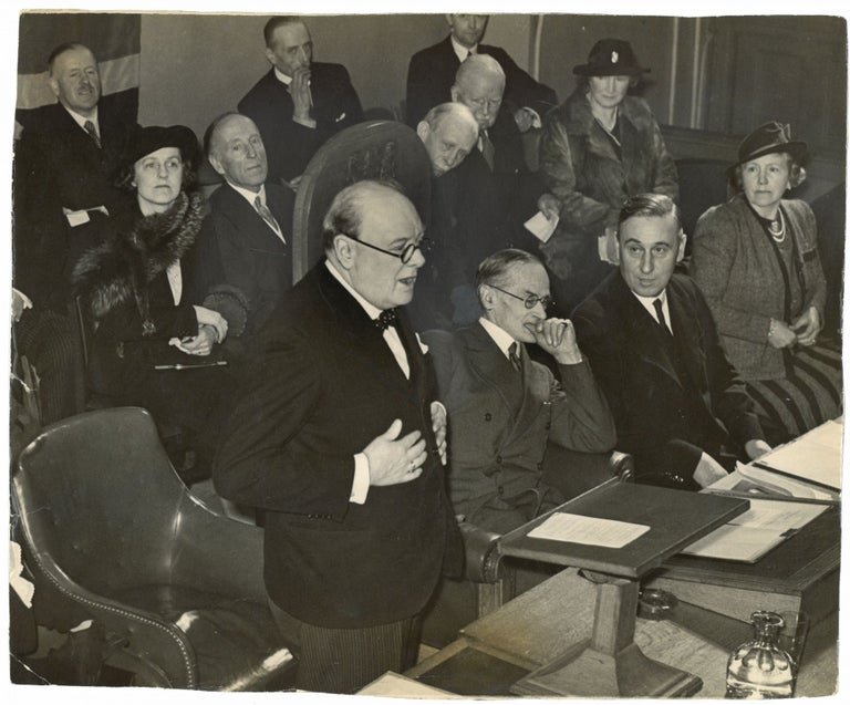 Item #005356 An original wartime press photograph of Prime Minister Winston S. Churchill speaking at the 27 March 1941 Conservative and Unionist Associations Central Council Meeting in London