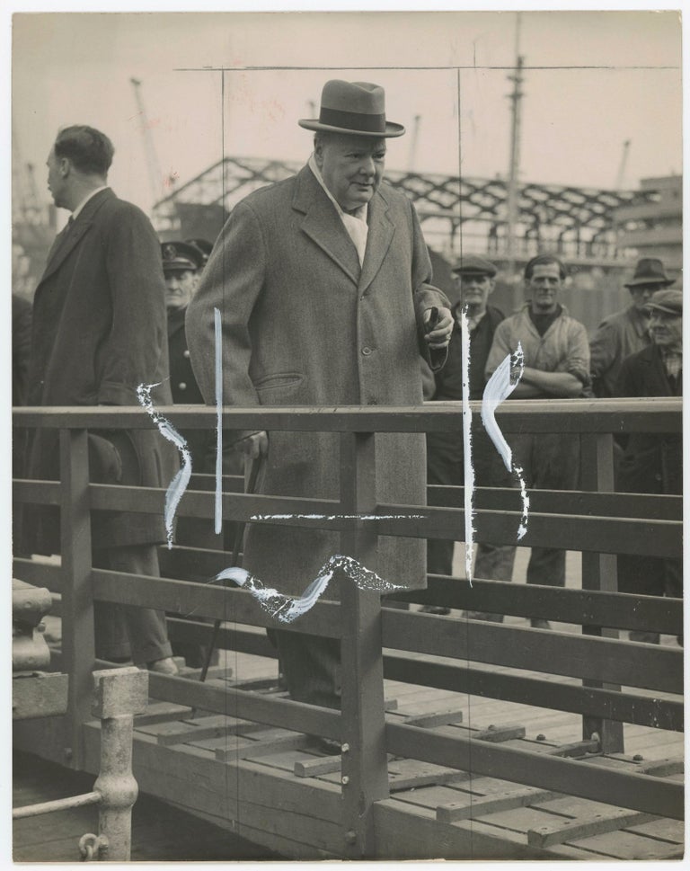 Item #005446 WINSTON HOME - An original press photograph of Winston S. Churchill at Southampton on 7 April 1949 following his return aboard the Queen Mary from America where he addressed the Massachusetts Institute of Technology