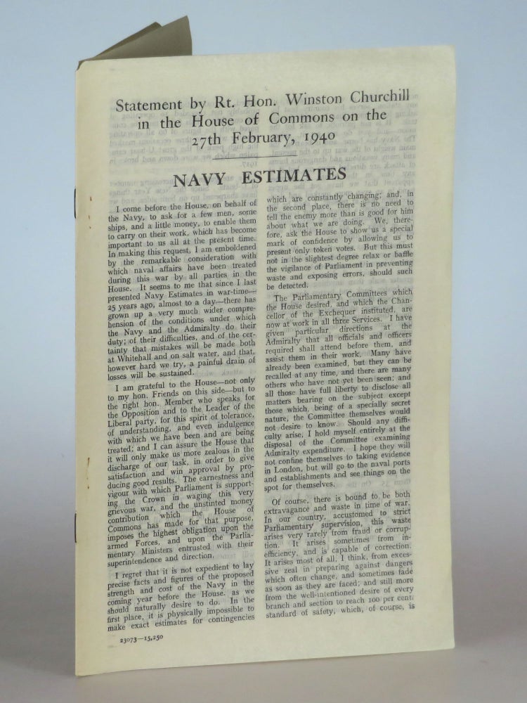Item #005481 Navy Estimates: Statement by the Rt. Hon. Winston Churchill in the House of Commons on the 27th February, 1940. Winston S. Churchill.