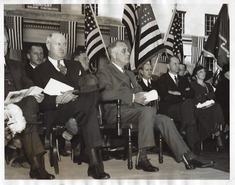 Item #005495 An original press photo of President Franklin Delano Roosevelt at a Washington D.C. Justice building dedication ceremony on 25 October 1934