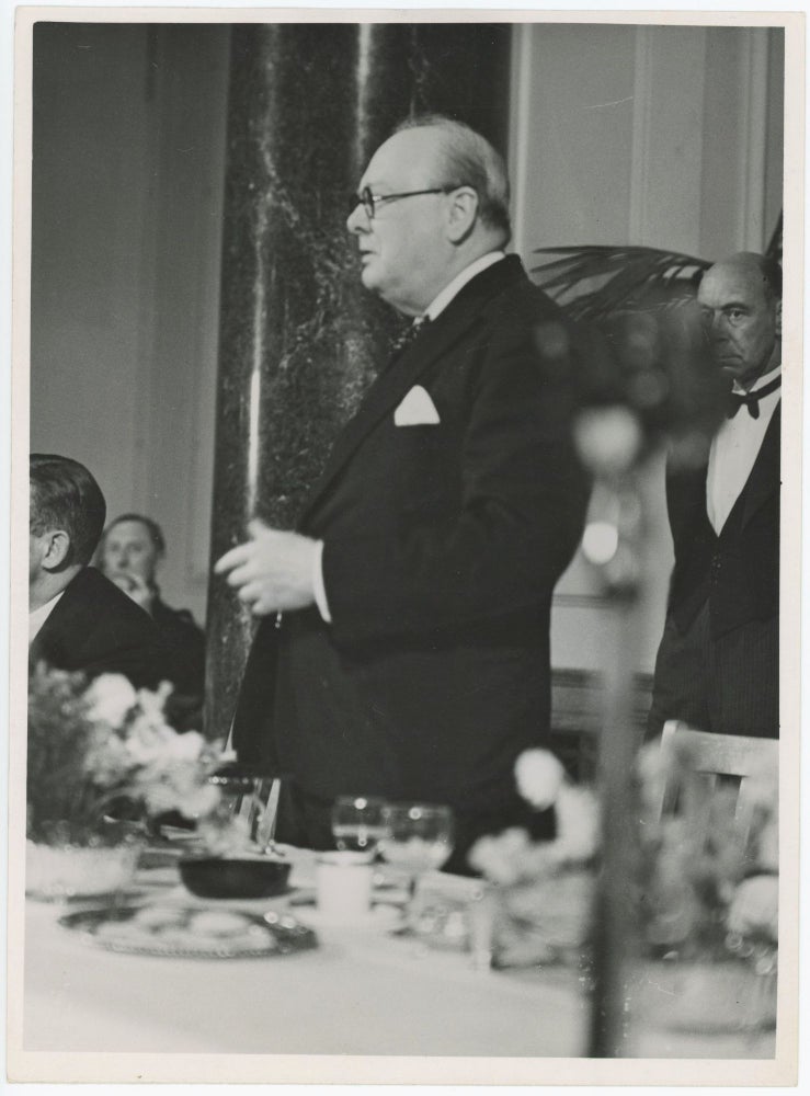 Item #005586 An original Second World War press photograph of Prime Minister Winston S. Churchill delivering his "Do your worst - and we will do our best" speech of 14 July 1941 in London