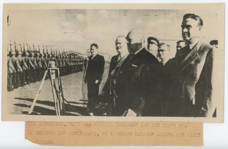 Item #005621 An original wartime press photograph of Prime Minister Winston S. Churchill, U.S. Presidential Envoy Averell Harriman, and Soviet Foreign Affairs Minister Vyacheslav Molotov in Moscow on 12 August 1942