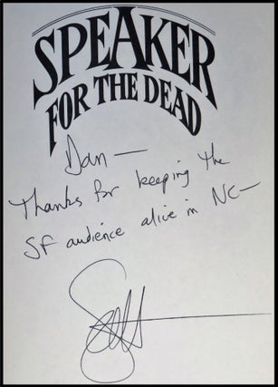 Speaker for the Dead, a superlative first printing with the author's full, dated signature and an additional, personalized inscription to a science fiction bookstore proprietor