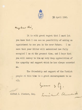 “I am sure that your Editor will understand how fully occupied I am at the present time…” Two typed, signed letters – one from Winston S. Churchill 10 days before he became wartime Prime Minister and one from Churchill’s Private Secretary less than a month into Churchill’s premiership – both regarding a German-Jewish journalist émigré who escaped Hitler’s Germany only to be deported by the British as an “enemy alien”