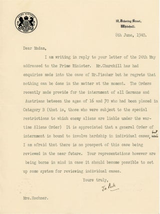“I am sure that your Editor will understand how fully occupied I am at the present time…” Two typed, signed letters – one from Winston S. Churchill 10 days before he became wartime Prime Minister and one from Churchill’s Private Secretary less than a month into Churchill’s premiership – both regarding a German-Jewish journalist émigré who escaped Hitler’s Germany only to be deported by the British as an “enemy alien”