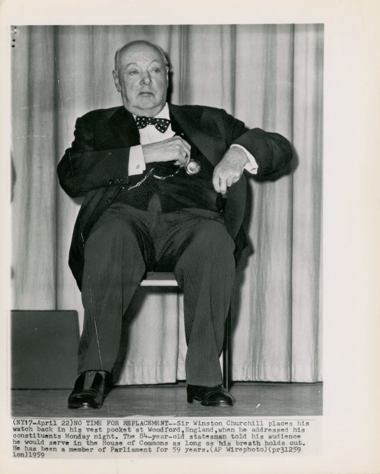 Item #006236 NO TIME FOR REPLACEMENT - An original 20 April 1959 press photograph of Winston S. Churchill speaking to his Woodford constituents to announce what would be the final time he stood for Parliament