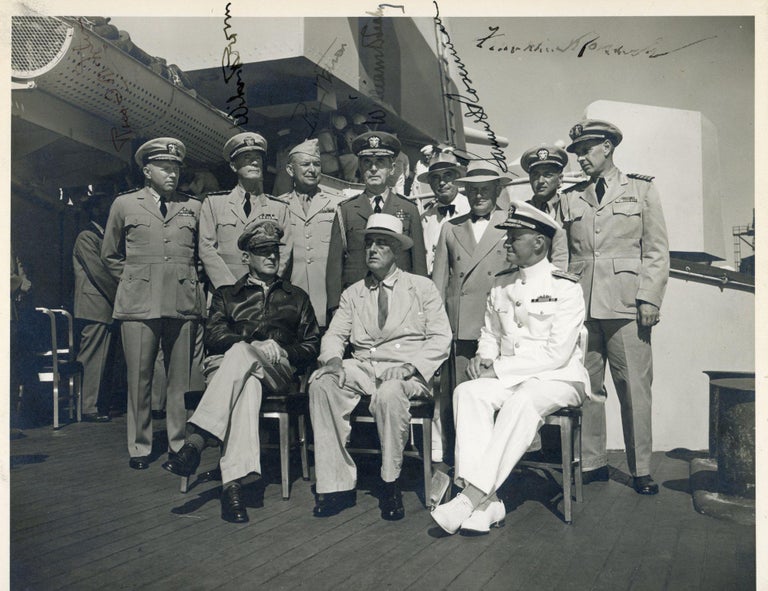 Item #006244 A Second World War image of President Franklin D. Roosevelt aboard a navy cruiser in Honolulu, Hawaii on 26 July 1944 signed by FDR and five of his close military and civilian advisors captured in the image and belonging to the Navy doctor who was with Roosevelt when he died eight and a half months later