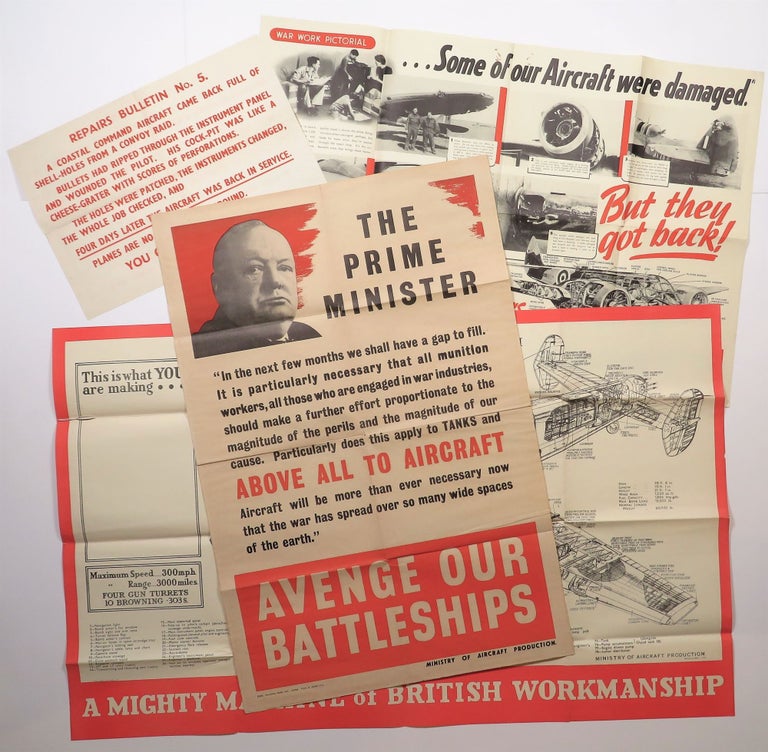 Item #006269 A collection of six original British Ministry of Aircraft Production posters from the early years of the Second World War, one featuring Prime Minister Winston S. Churchill and a quote from his 8 December 1941 speech delivered the day after the Japanese attack at Pearl Harbor