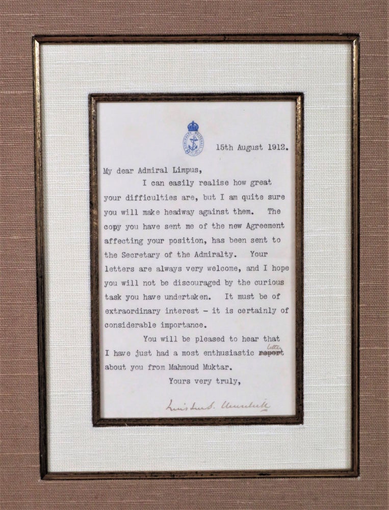 Item #006579 A handsomely framed 15 August 1912 typed, hand-emended, and signed letter from then-First Lord of the Admiralty Winston S. Churchill to his newly-appointed Naval Advisor to the Ottoman Empire, British Rear-Admiral Arthur Limpus. Winston S. Churchill.