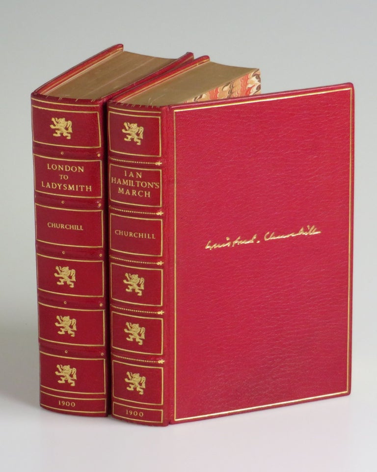Item #006674 London to Ladysmith via Pretoria and Ian Hamilton's March - Churchill's two books about his famously dramatic Boer War experience, each volume bound in matching full red Morocco goatskin by Bayntun-Riviere. Winston S. Churchill.
