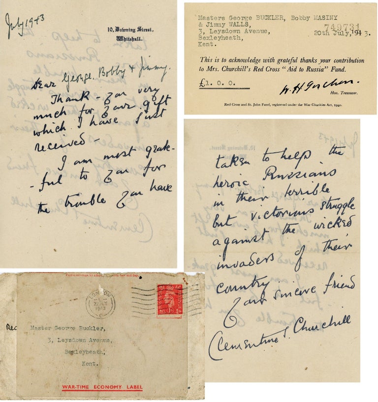 Item #006778 A July 1943 wartime letter from Clementine Churchill on 10 Downing Street stationary, with autograph date and salutation, thanking three children for their contribution to the Red Cross Aid to Russia Fund, accompanied by the original franked envelope and donation receipt. Clementine Churchill.