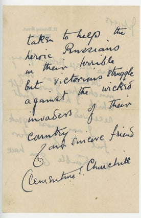 A July 1943 wartime letter from Clementine Churchill on 10 Downing Street stationary, with autograph date and salutation, thanking three children for their contribution to the Red Cross Aid to Russia Fund, accompanied by the original franked envelope and donation receipt