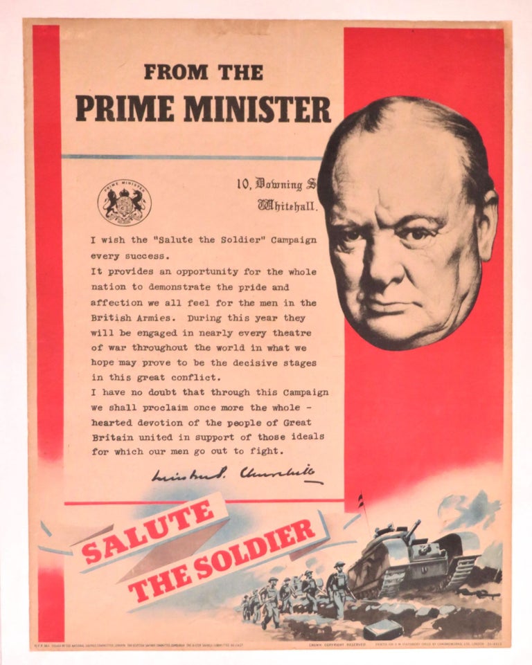 Item #007022 SALUTE THE SOLDIER - a striking Second World War propaganda poster prominently featuring a message from, and the image of, Prime Minister Winston S. Churchill