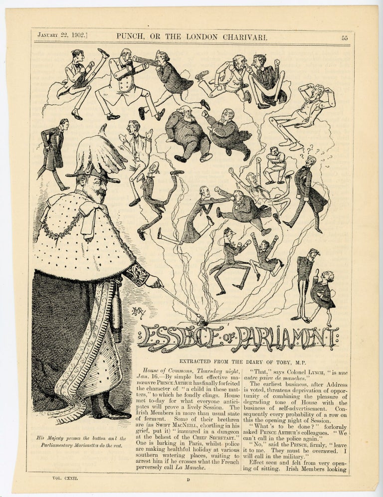 Item #007037 Essence of Parliament: Extracted from the Diary of Toby, MP - an original printed appearance of this cartoon featuring Winston S. Churchill and others from the 22 January 1902 edition of the magazine Punch, or The London Charivari. Artist: Edward Tennyson Reed.