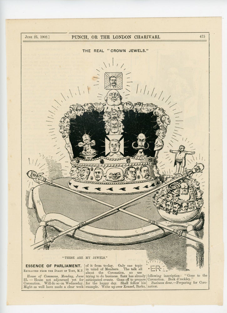 Item #007067 The Real 'Crown Jewels' - an original printed appearance of this cartoon featuring Winston S. Churchill and others from the 25 June 1902 edition of the magazine Punch, or The London Charivari. Artist: Unknown.