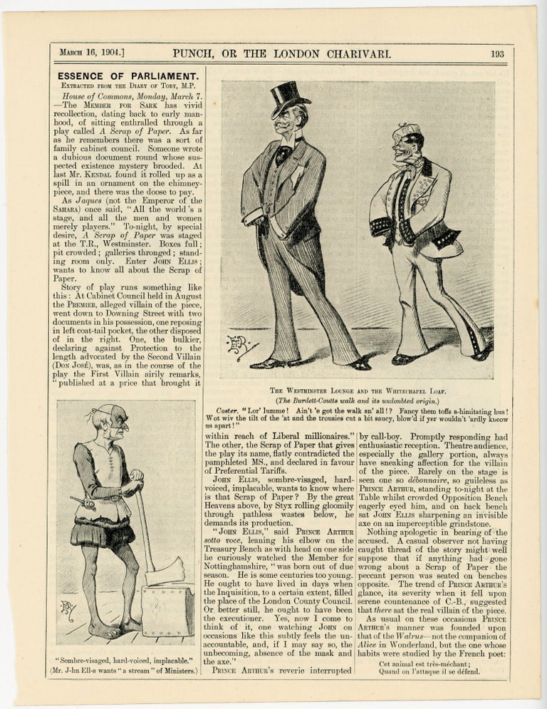 Item #007069 The Westminster Lounge and the Whitechapel Loaf - an original printed appearance of this cartoon featuring Winston S. Churchill and others from the 16 March 1904 edition of the magazine Punch, or The London Charivari. Artist: Edward Tennyson Reed.
