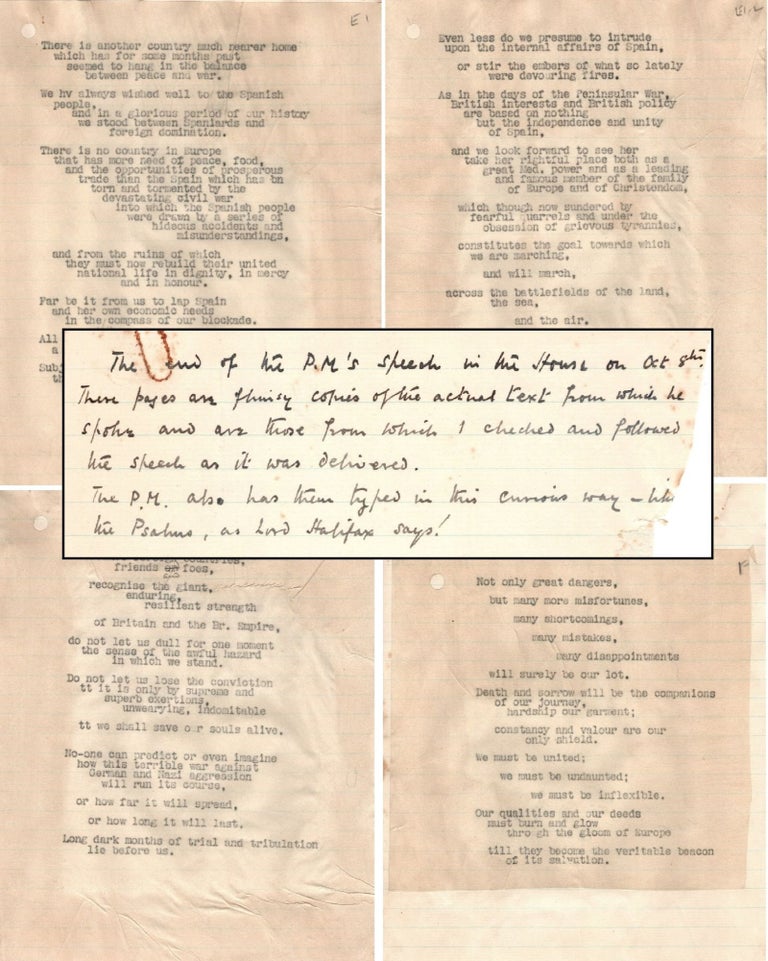 The typed, hand-emended, 'psalm form' peroration of Prime Minister Winston S. Churchill's 8...