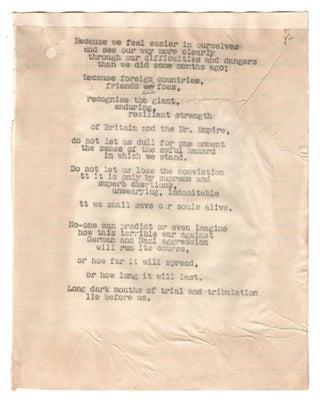 The typed, hand-emended, 'psalm form' peroration of Prime Minister Winston S. Churchill's 8 October 1940 speech to the House of Commons, the copy used by Churchill's Private Secretary, Jock Colville, to check and follow the speech as it was delivered