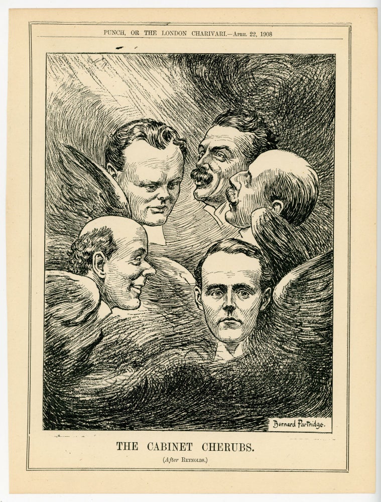 Item #007074 The Cabinet Cherubs - an original printed appearance of this cartoon featuring Winston S. Churchill and others from the 22 April 1908 edition of the magazine Punch, or The London Charivari. Artist: Bernard Partridge.