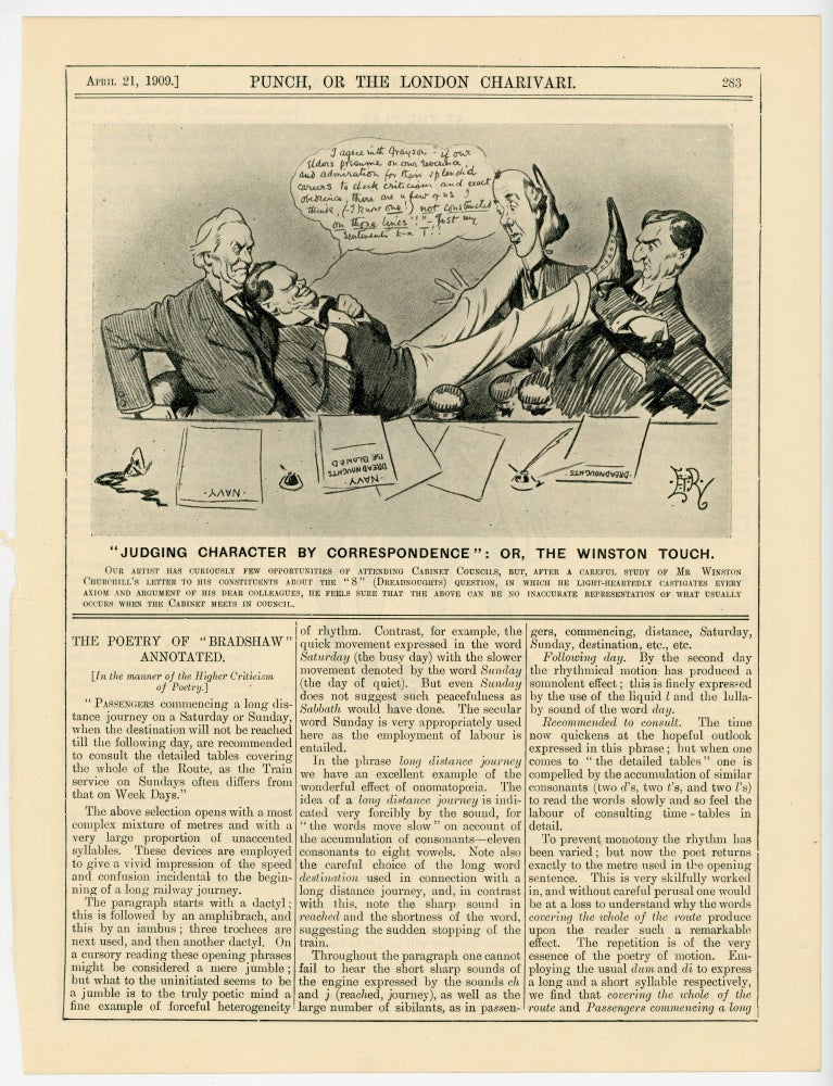 Item #007082 'Judging Character By Correspondence': Or, The Winston Touch. - an original printed appearance of this cartoon featuring Winston S. Churchill from the 21 April 1909 edition of the magazine Punch, or The London Charivari. Artist: Edward Tennyson Reed.