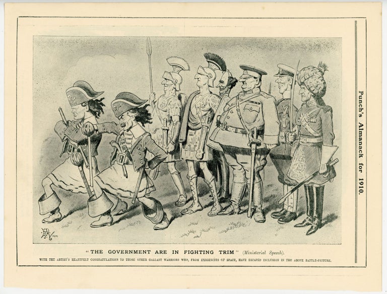 Item #007086 The Government are in Fighting Trim - an original printed appearance of this cartoon featuring Winston S. Churchill from the Punch's Almanack for 1910. Artist: Edward Tennyson Reed.