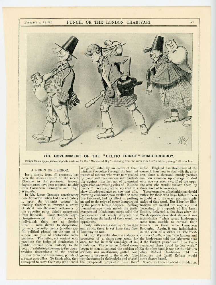 Item #007088 The Government of the "Celtic Fringe"-Cum-Corduroy - an original printed appearance of this cartoon featuring Winston S. Churchill from the 2 February 1910 edition of the magazine Punch, or The London Charivari. Artist: Edward Tennyson Reed.