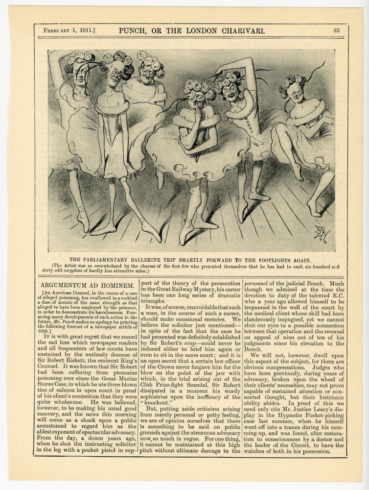 Item #007094 THE PARLIAMENTARY BALLERINE TRIP SMARTLY FORWARD TO THE FOOTLIGHTS AGAIN - an original printed appearance of this cartoon featuring Winston S. Churchill from the 1 February 1911 edition of the magazine Punch, or The London Charivari. Artist: Edward Tennyson Reed.