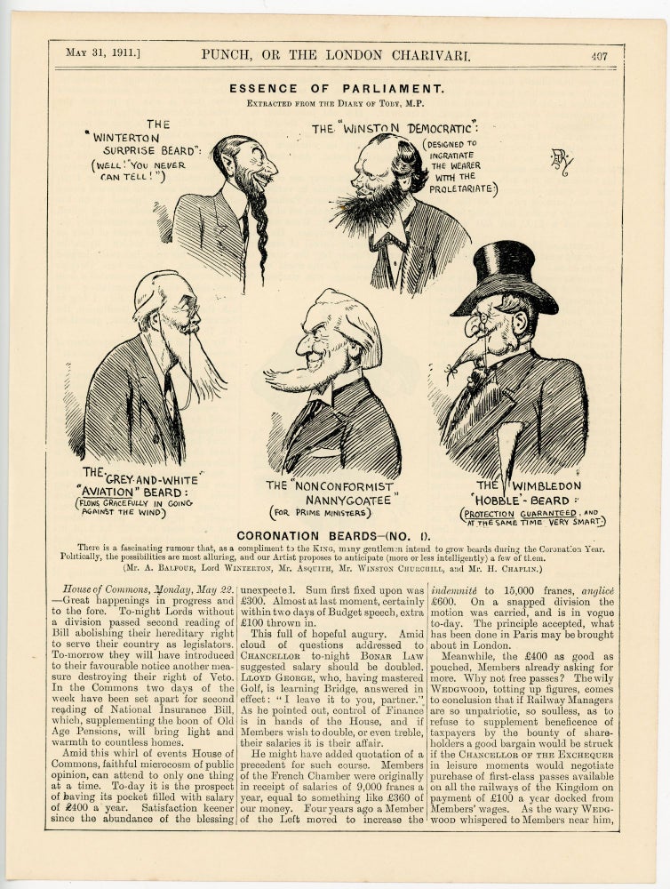 Item #007096 CORONATION BEARDS - an original printed appearance of this cartoon featuring Winston S. Churchill from the 31 May 1911 edition of the magazine Punch, or The London Charivari. Artist: Edward Tennyson Reed.