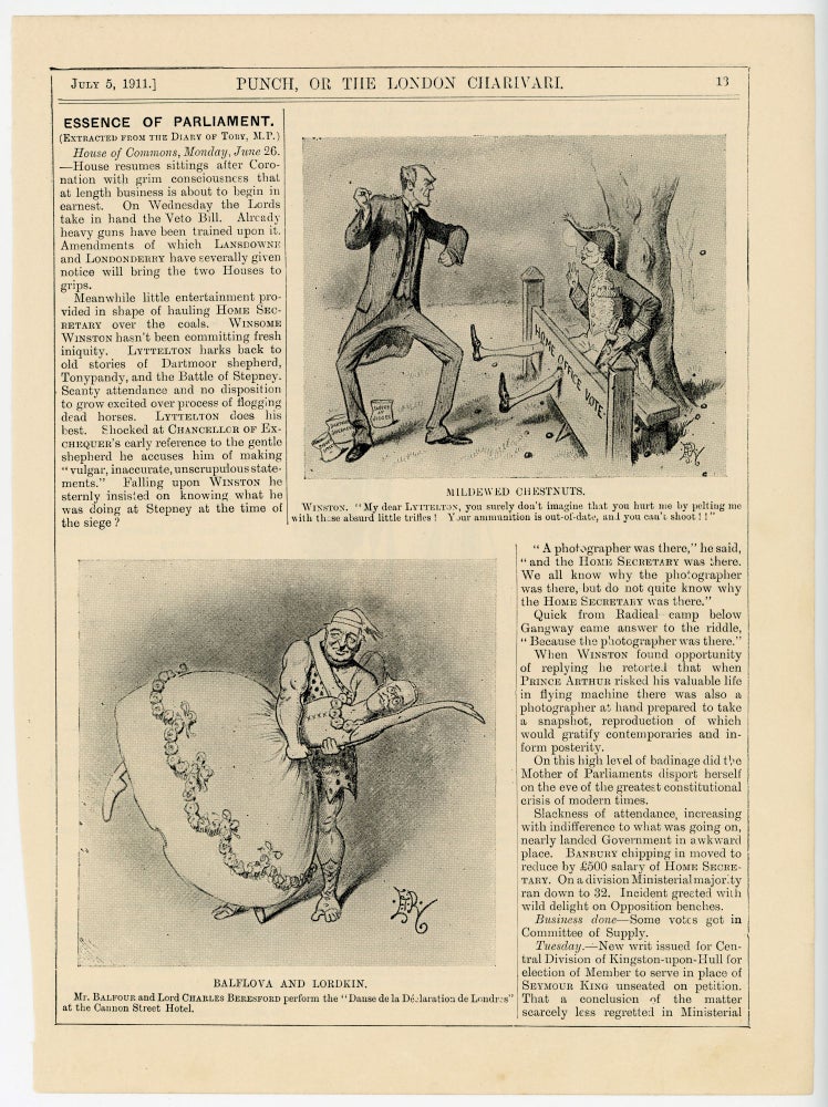 Item #007098 MILDEWED CHESTNUTS - an original printed appearance of this cartoon featuring Winston S. Churchill from the 5 July 1911 edition of the magazine Punch, or The London Charivari. Artist: Edward Tennyson Reed.