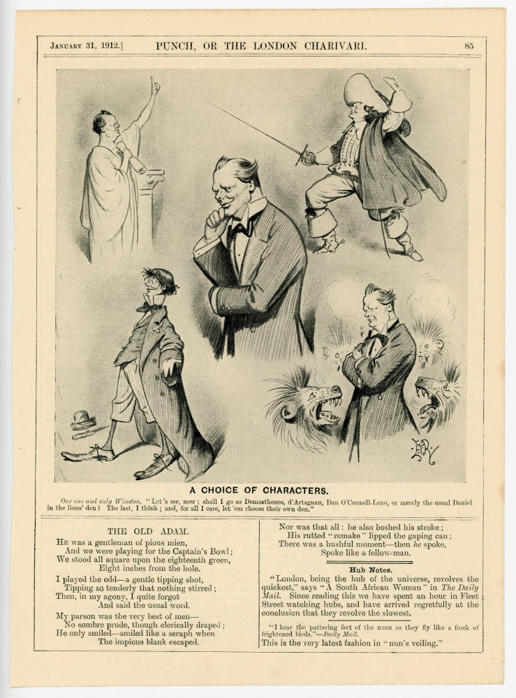 Item #007111 A CHOICE OF CHARACTERS - an original printed appearance of this cartoon featuring Winston S. Churchill from the 31 January 1912 edition of the magazine Punch, or The London Charivari. Artist: Edward Tennyson Reed.