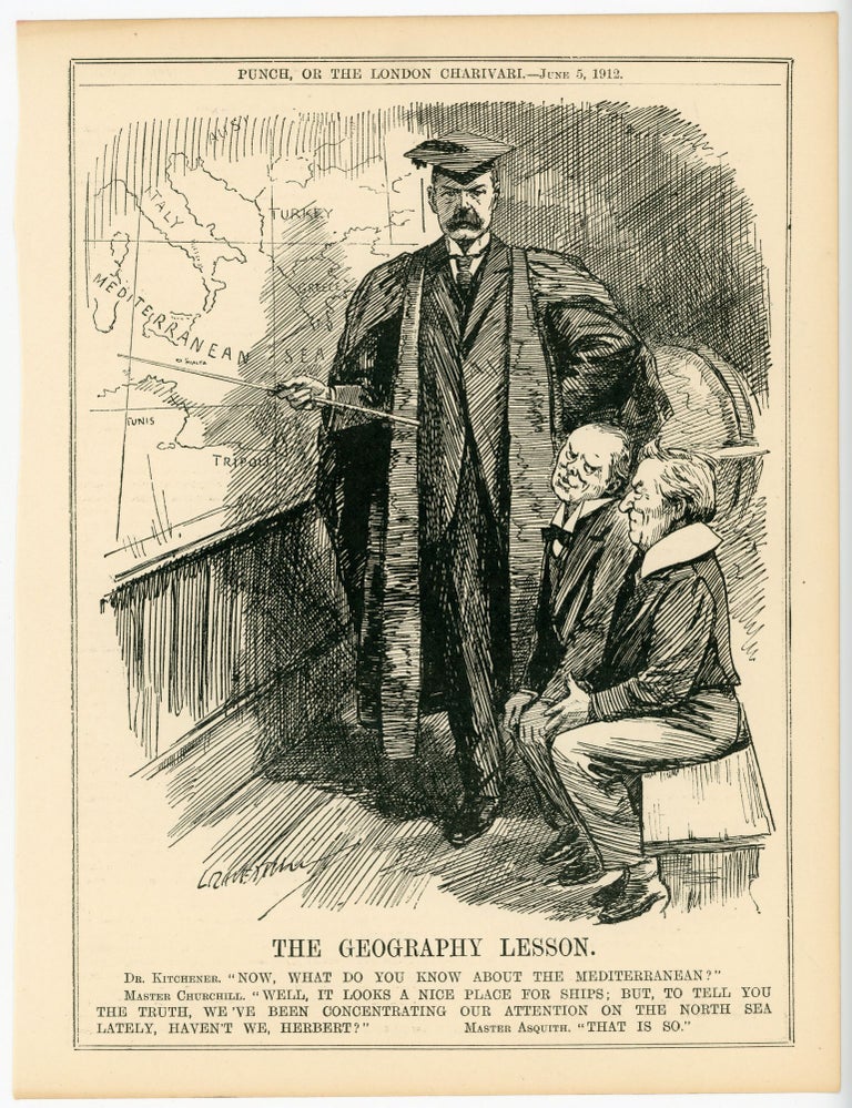 Item #007116 THE GEOGRAPHY LESSON. - an original printed appearance of this cartoon featuring Winston S. Churchill from the 5 June 1912 edition of the magazine Punch, or The London Charivari. Artist: Leonard Raven-Hill.