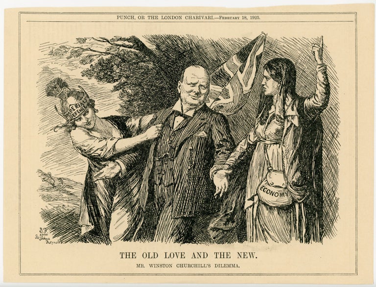 Item #007135 THE OLD LOVE AND THE NEW. - an original printed appearance of this cartoon featuring Winston S. Churchill from the 18 February 1925 edition of the magazine Punch, or The London Charivari. Artist: Bernard Partridge.