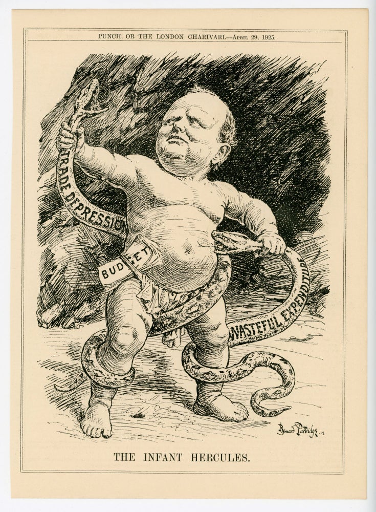 Item #007139 THE INFANT HERCULES. - an original printed appearance of this cartoon featuring Winston S. Churchill from the 29 April 1925 edition of the magazine Punch, or The London Charivari. Artist: Bernard Partridge.