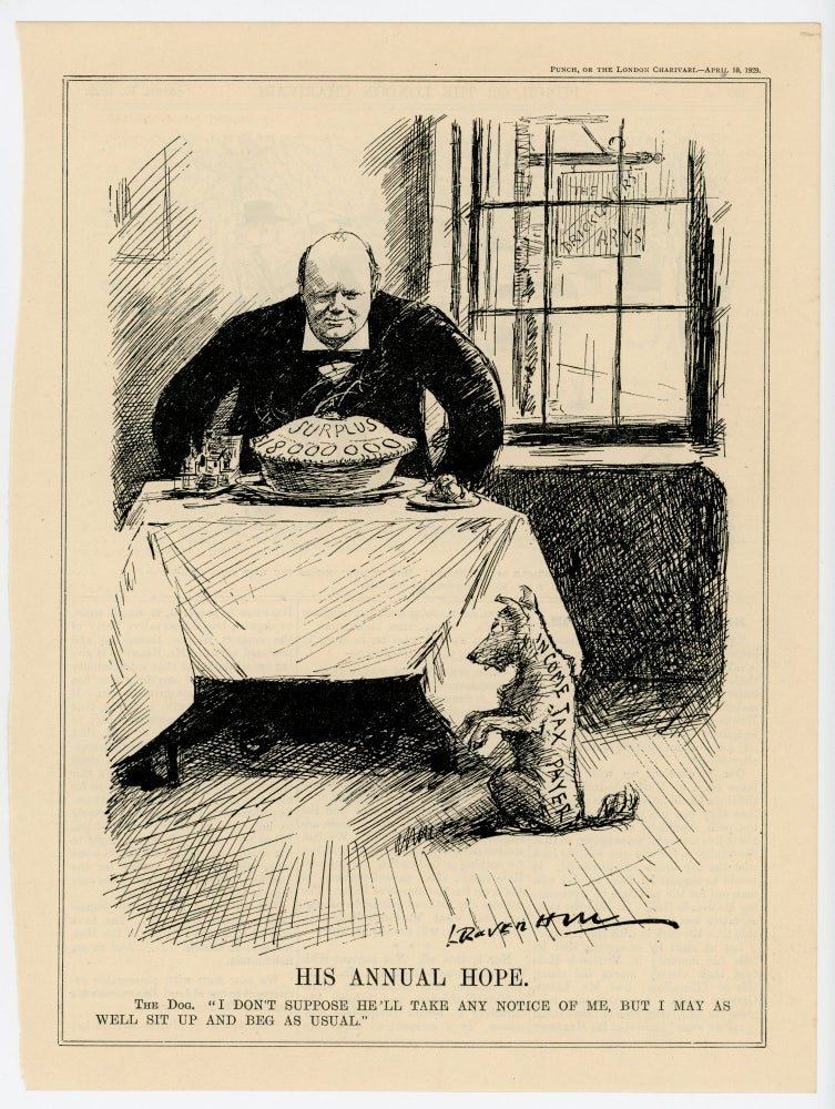 Item #007153 HIS ANNUAL HOPE. - an original printed appearance of this cartoon featuring Winston S. Churchill from the 10 April 1929 edition of the magazine Punch, or The London Charivari. Artist: Leonard Raven-Hill.