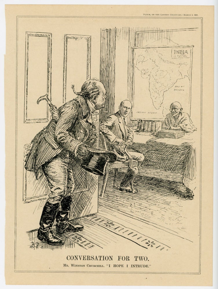 Item #007155 CONVERSATION FOR TWO. - an original printed appearance of this cartoon featuring Winston S. Churchill and Mohandas Gandhi from the 4 March 1931 edition of the magazine Punch, or The London Charivari. Artist: Bernard Partridge.