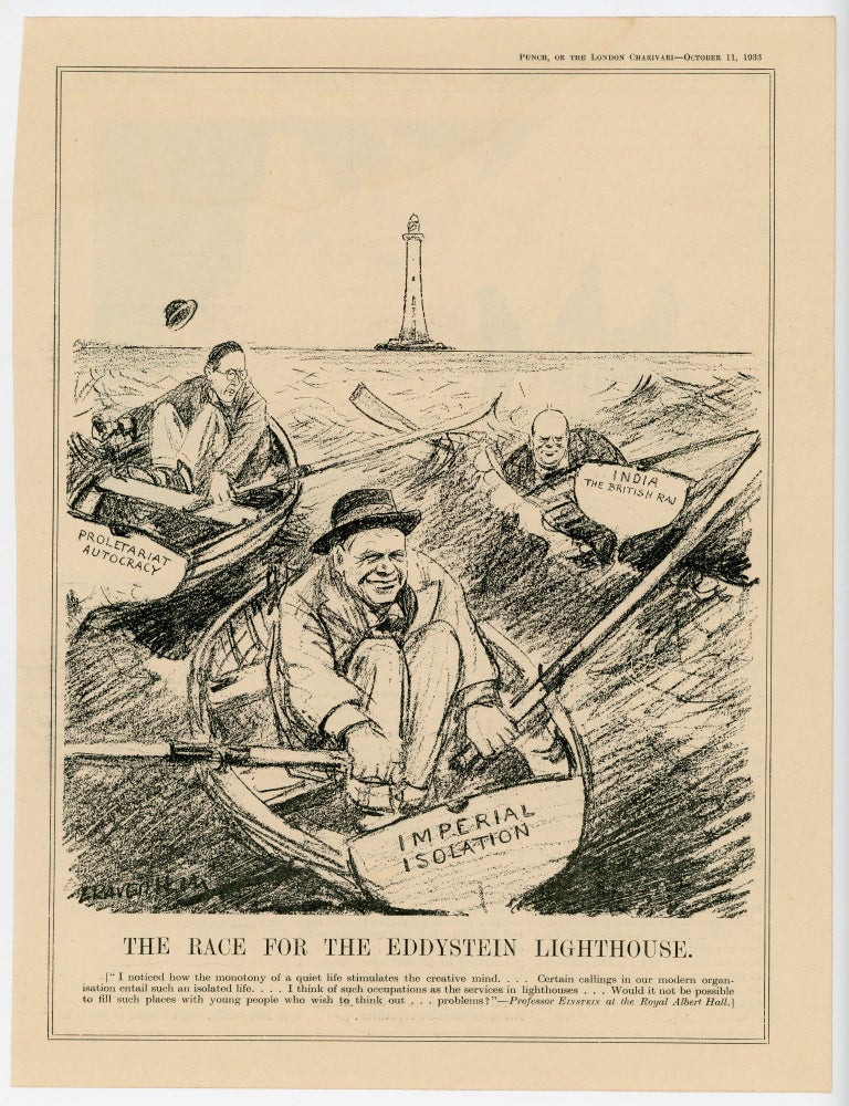 Item #007157 THE RACE FOR THE EDDYSTEIN LIGHTHOUSE. - an original printed appearance of this cartoon featuring Winston S. Churchill from the 11 October 1933 edition of the magazine Punch, or The London Charivari. Artist: Leonard Raven-Hill.